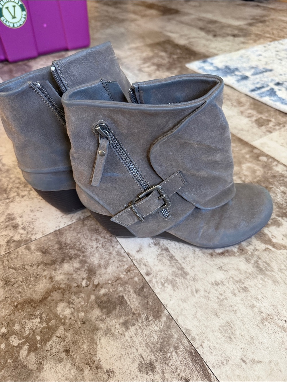 Women's Gray Ankle Booties with Side Zipper and Buckle